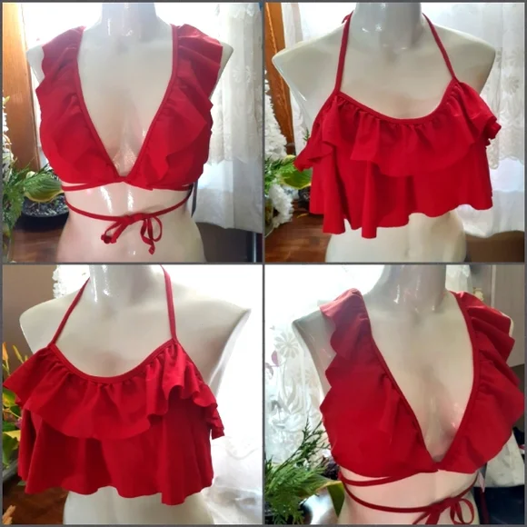 Two NWT Red Ruffle Bikini Tops Large - Picture 1 of 16